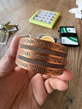 Vintage Handcrafted Embossed Scroll and Stripe Solid Copper Cuff Bracelet